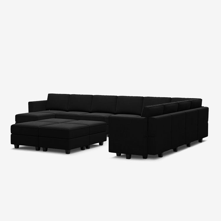 Canapé modulable en velours Belffin 10 places + 12 côtés avec siège de rangement et pouf
