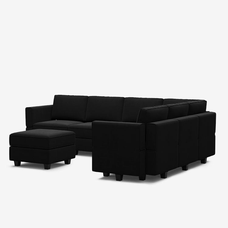 Canapé d'angle modulaire Belffin 6 places + 9 côtés en velours avec siège de rangement et pouf