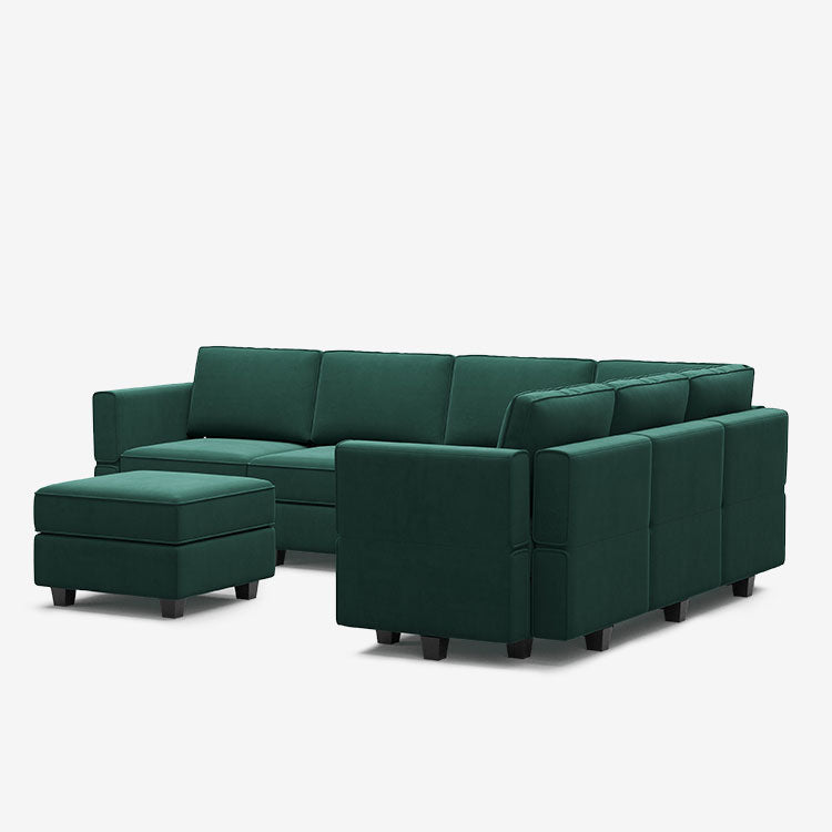 Canapé d'angle modulaire Belffin 6 places + 9 côtés en velours avec siège de rangement et pouf