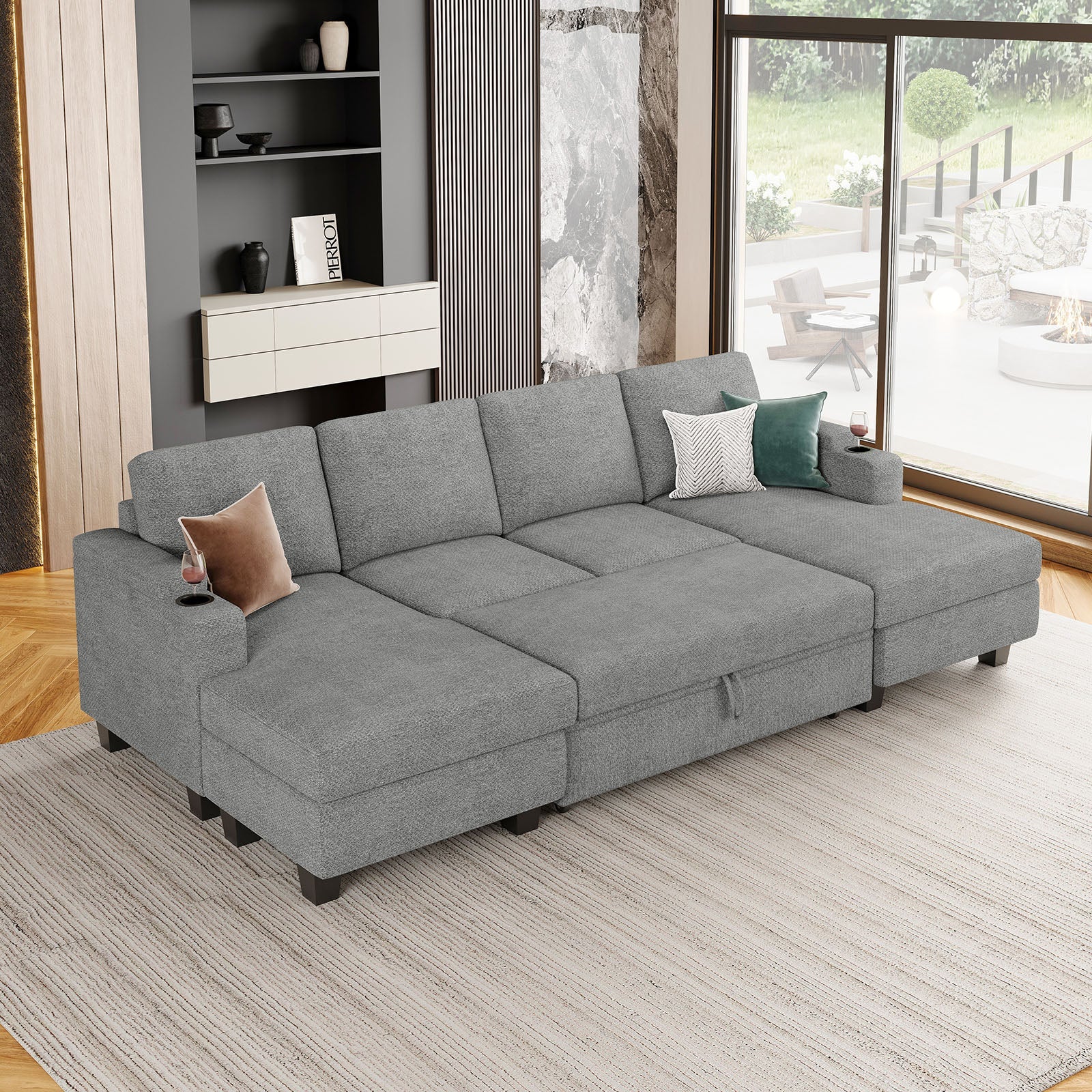 Belffin Modular 4 Seater Modular Chenille Pull-out Sleeper Sofa with Storage Chaises