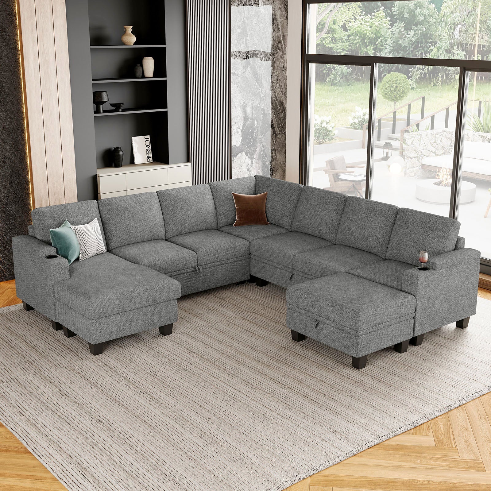 Belffin Modular 7 Seater Modular Chenille Pull-out Sleeper Sofa with Storage Chaise