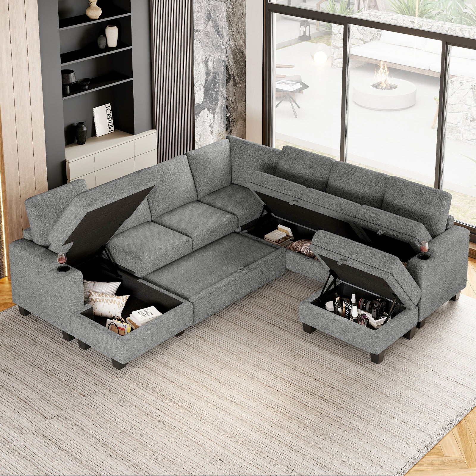 Belffin Modular 7 Seater Modular Chenille Pull-out Sleeper Sofa with Storage Chaise
