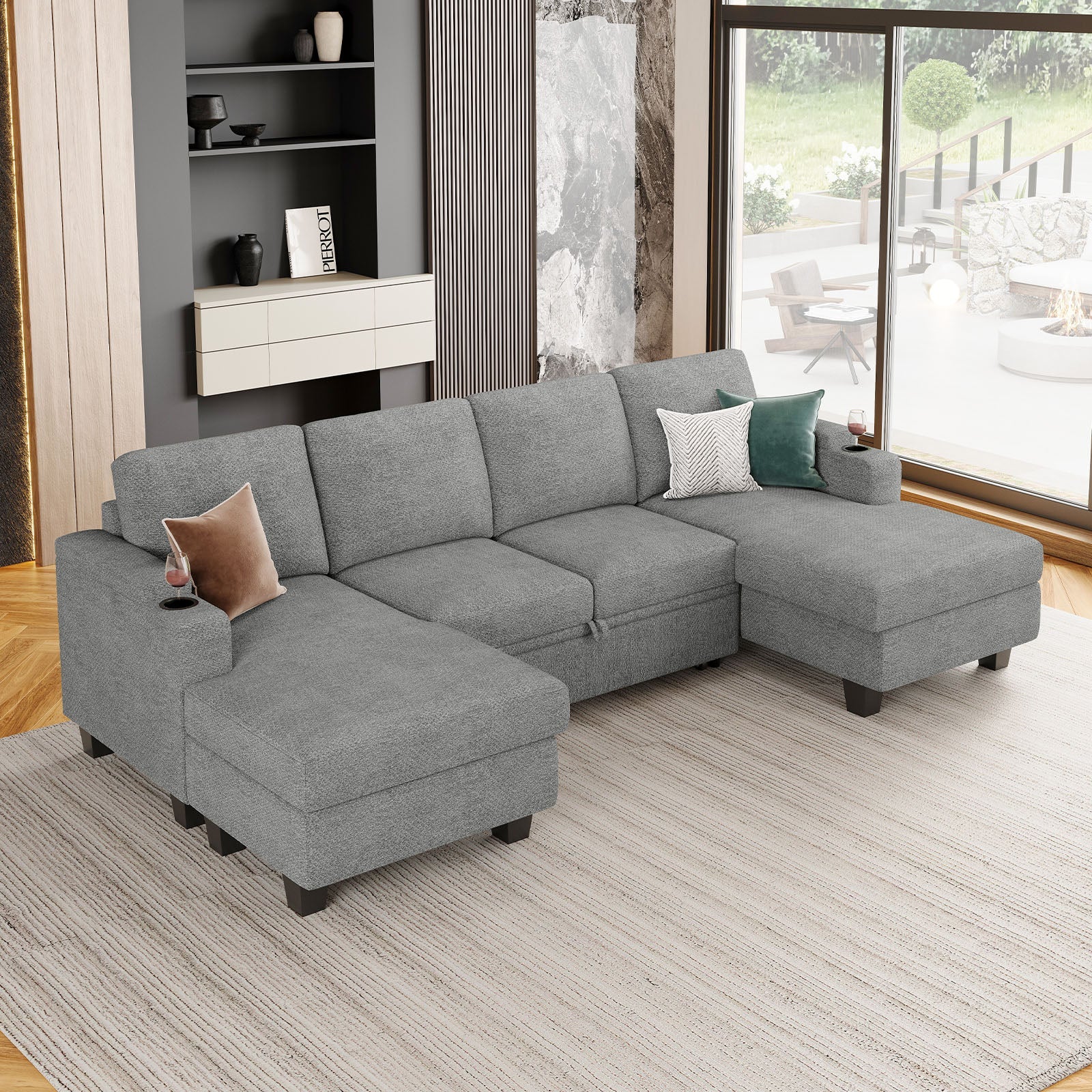 Belffin Modular 4 Seater Modular Chenille Pull-out Sleeper Sofa with Storage Chaises