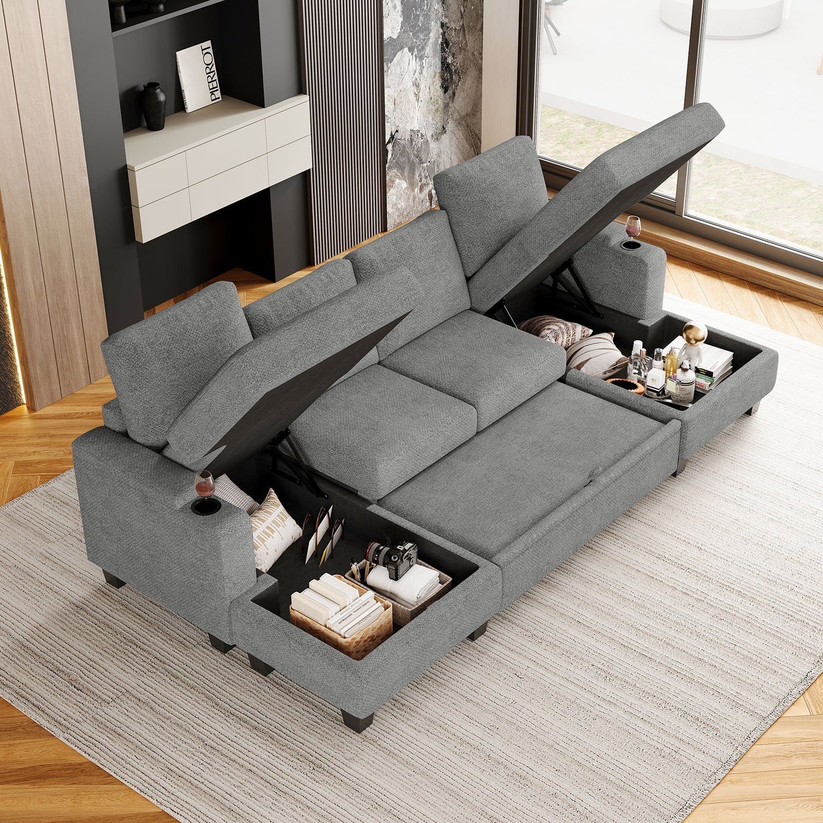 Belffin Modular 4 Seater Modular Chenille Pull-out Sleeper Sofa with Storage Chaises
