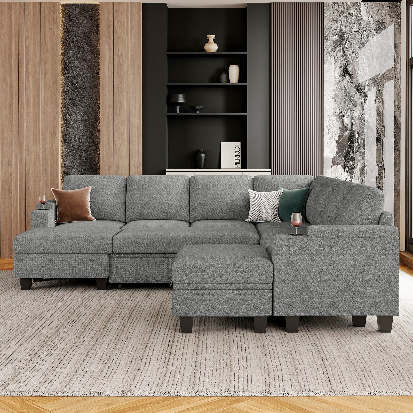 Belffin Modular 7 Seater Modular Chenille Pull-out Sleeper Sofa with Storage Chaise