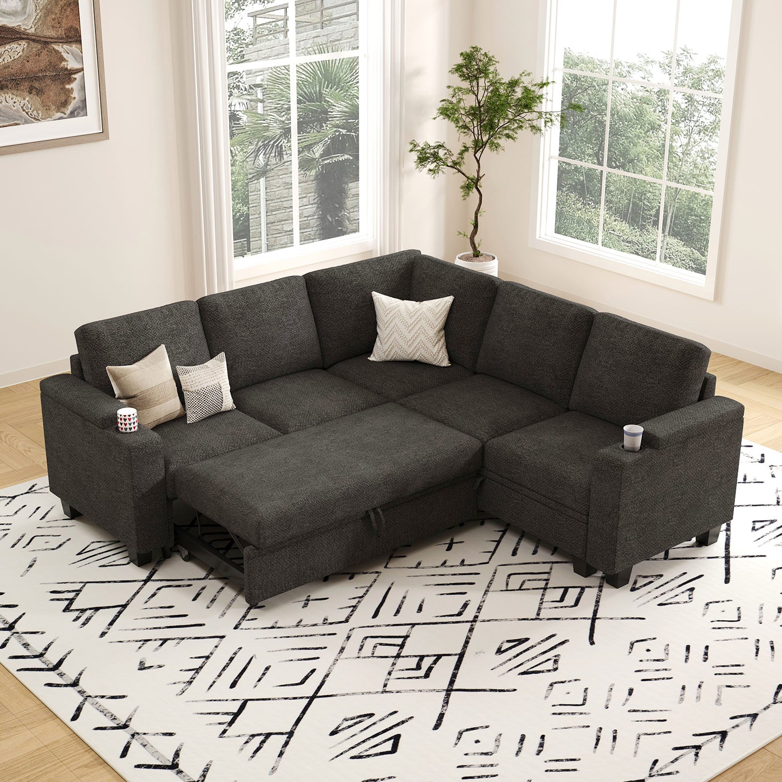 Belffin Modular 5 Seater Modular Chenille Pull-out Sleeper Sofa with Storage Seats