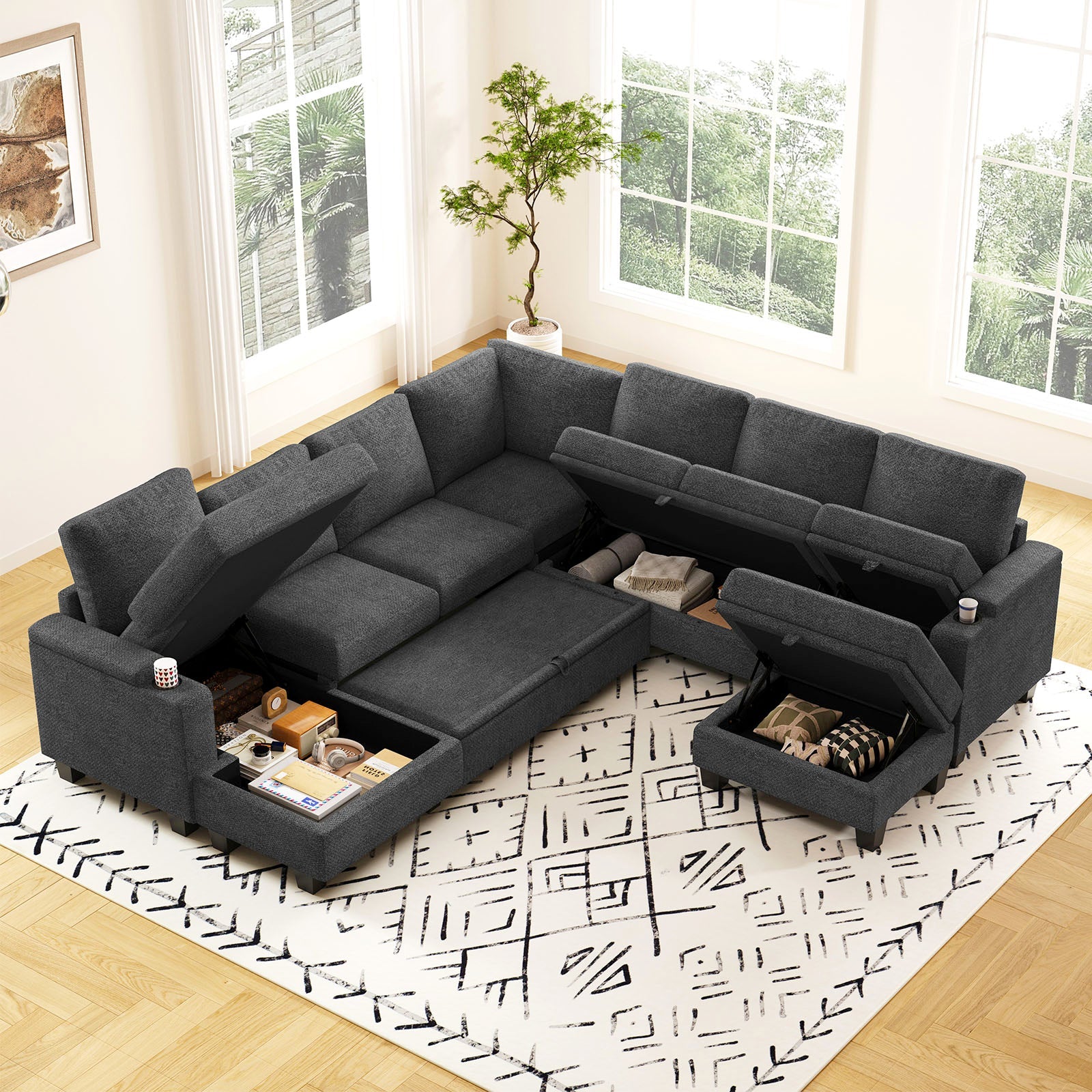 Belffin Modular 7 Seater Modular Chenille Pull-out Sleeper Sofa with Storage Chaise