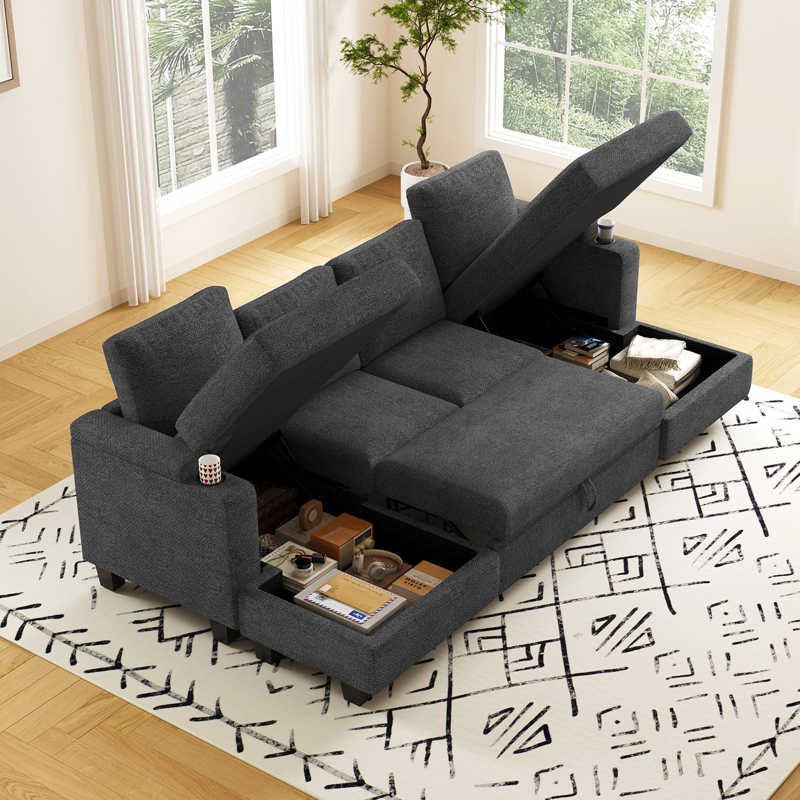 Belffin Modular 4 Seater Modular Chenille Pull-out Sleeper Sofa with Storage Chaises