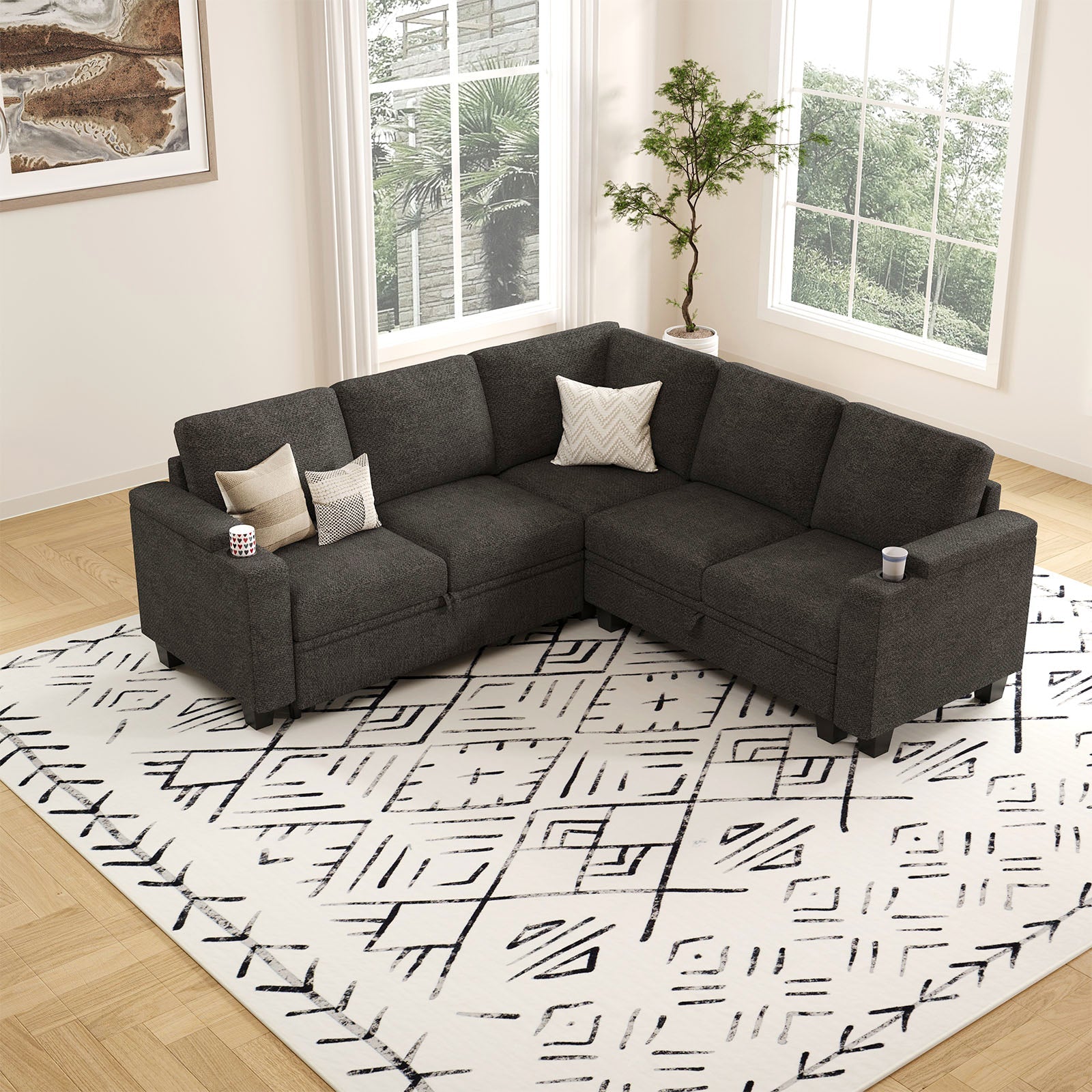 Belffin Modular 5 Seater Modular Chenille Pull-out Sleeper Sofa with Storage Seats