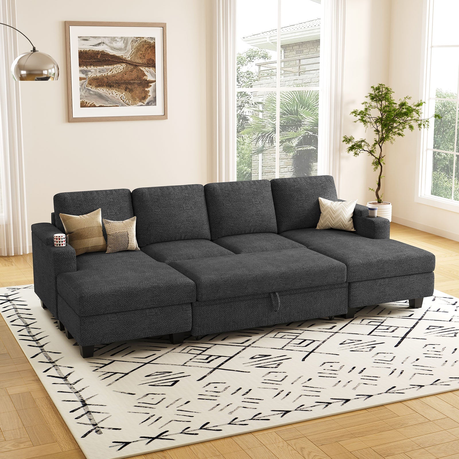 Belffin Modular 4 Seater Modular Chenille Pull-out Sleeper Sofa with Storage Chaises