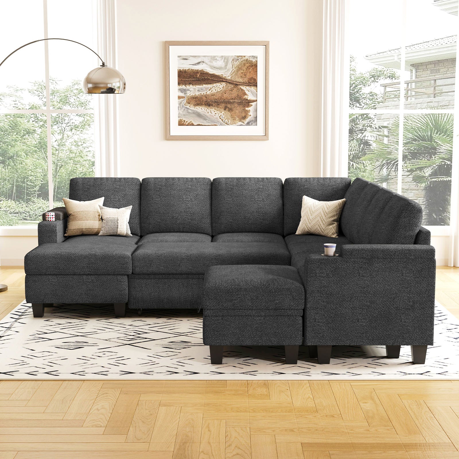 Belffin Modular 7 Seater Modular Chenille Pull-out Sleeper Sofa with Storage Chaise