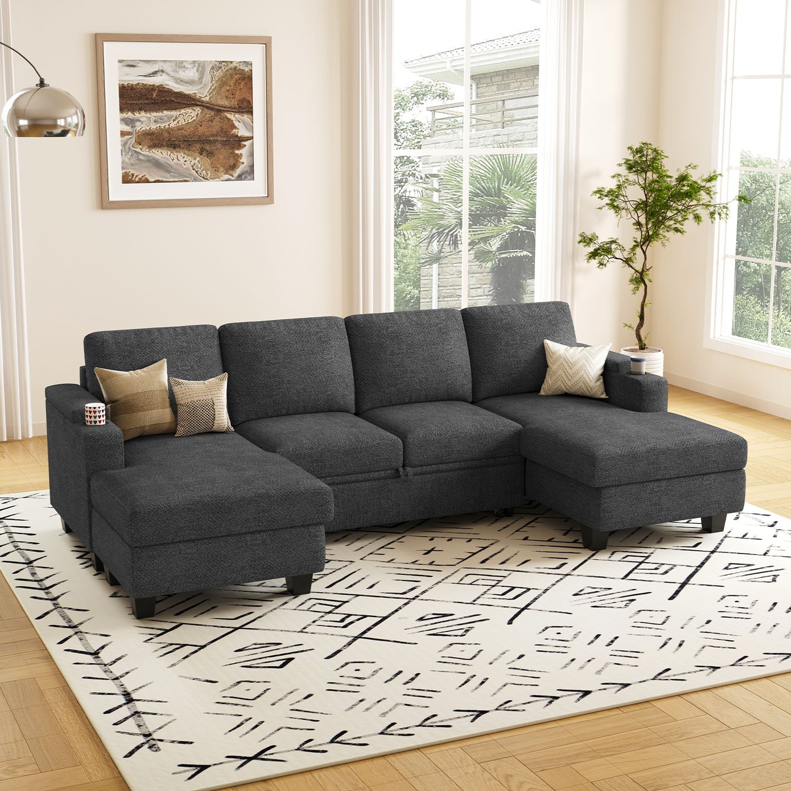 Belffin Modular 4 Seater Modular Chenille Pull-out Sleeper Sofa with Storage Chaises