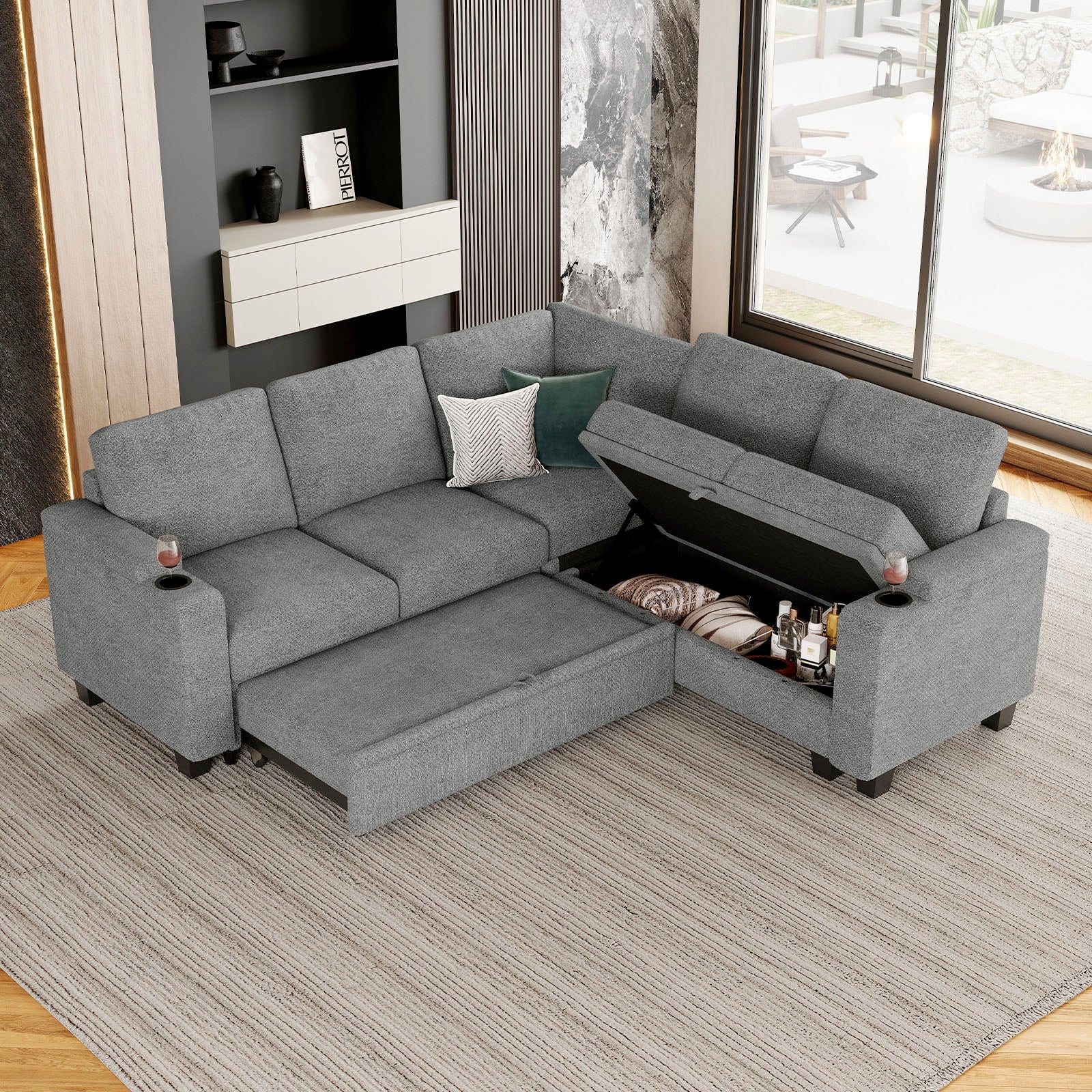 Belffin Modular 5 Seater Modular Chenille Pull-out Sleeper Sofa with Storage Seats