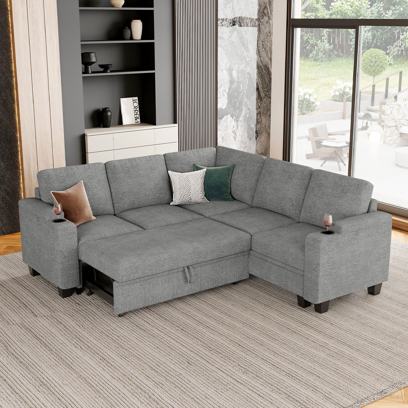 Belffin Modular 5 Seater Modular Chenille Pull-out Sleeper Sofa with Storage Seats