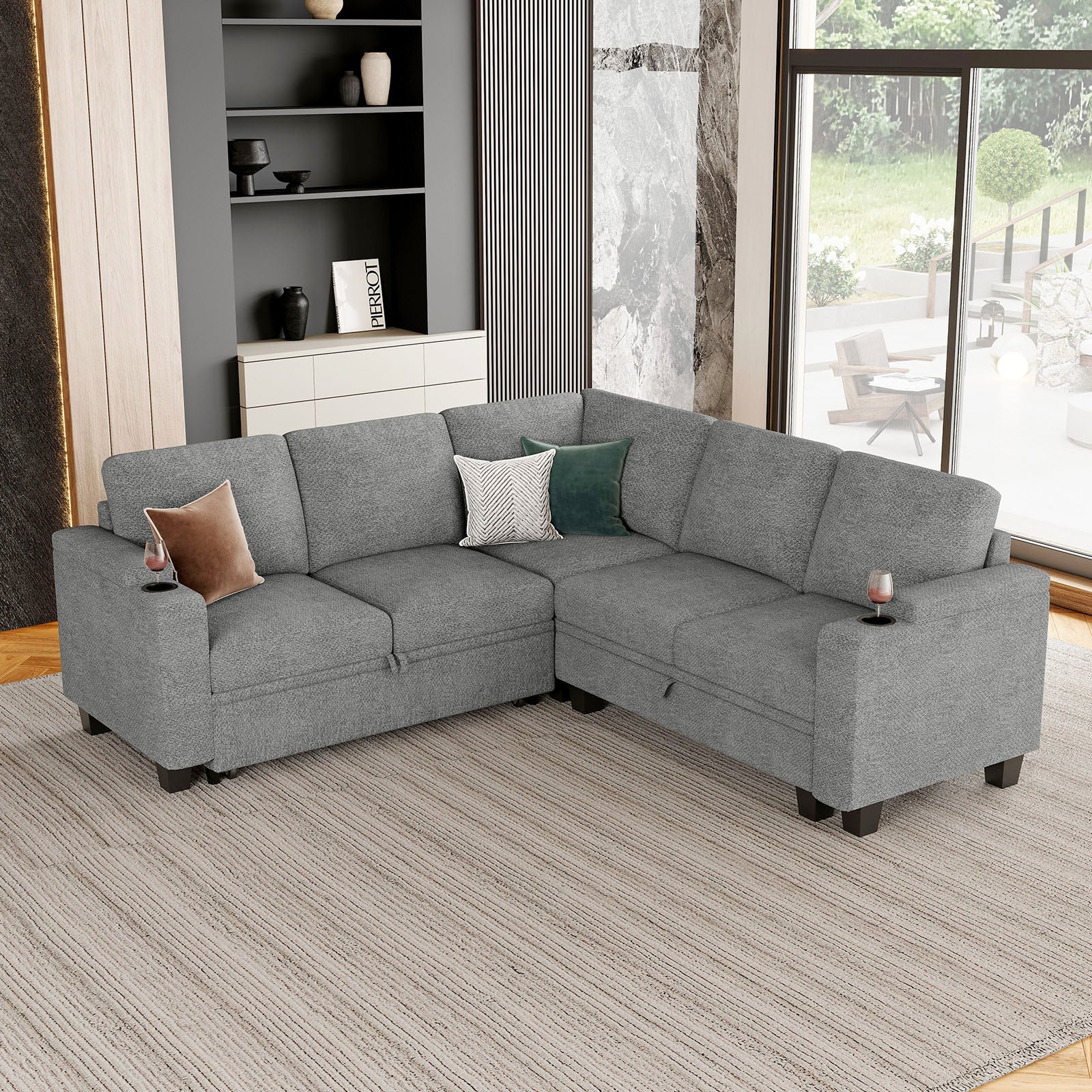 Belffin Modular 5 Seater Modular Chenille Pull-out Sleeper Sofa with Storage Seats