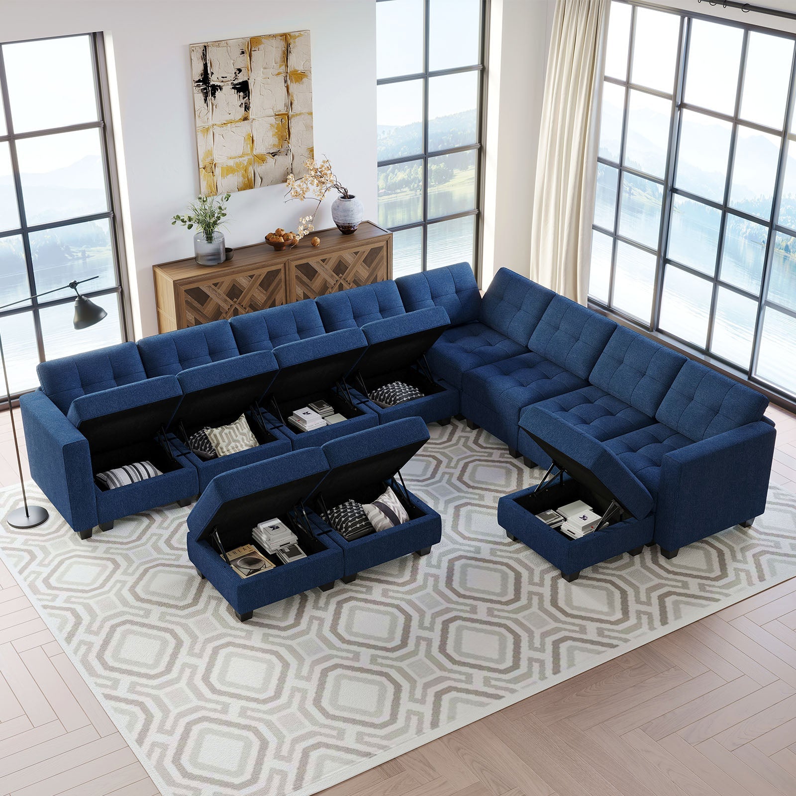 Belffin 9 Seats + 11 Sides Modular Weave Sofa with Storage Seat and Ottoman