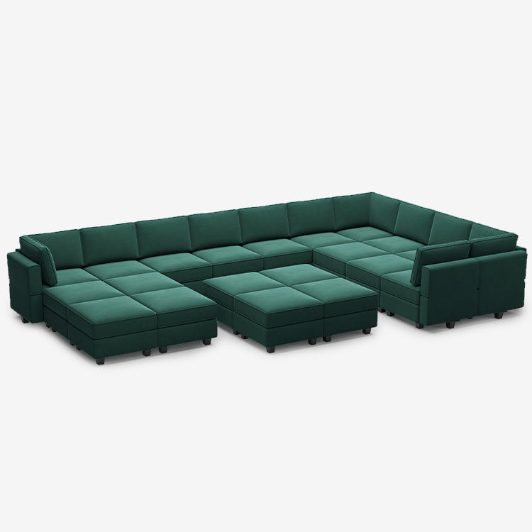 Canapé modulable en velours Belffin 17 places + 14 côtés avec siège de rangement et pouf