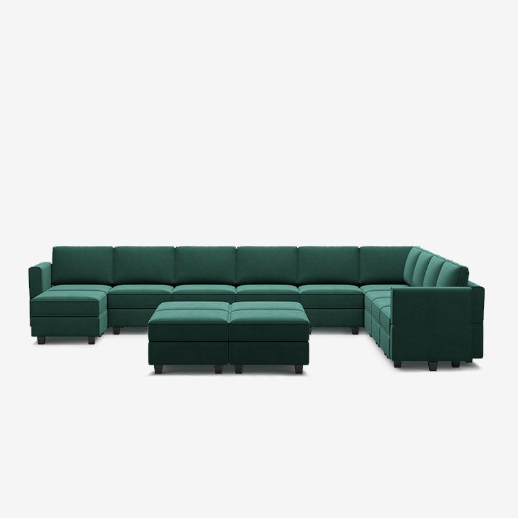 Canapé modulable en velours Belffin 10 places + 12 côtés avec siège de rangement et pouf
