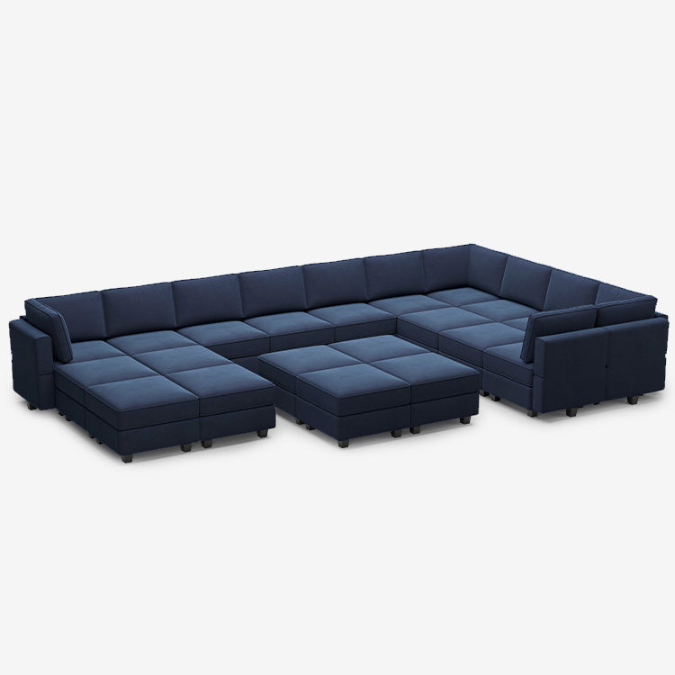 Canapé modulable en velours Belffin 17 places + 14 côtés avec siège de rangement et pouf