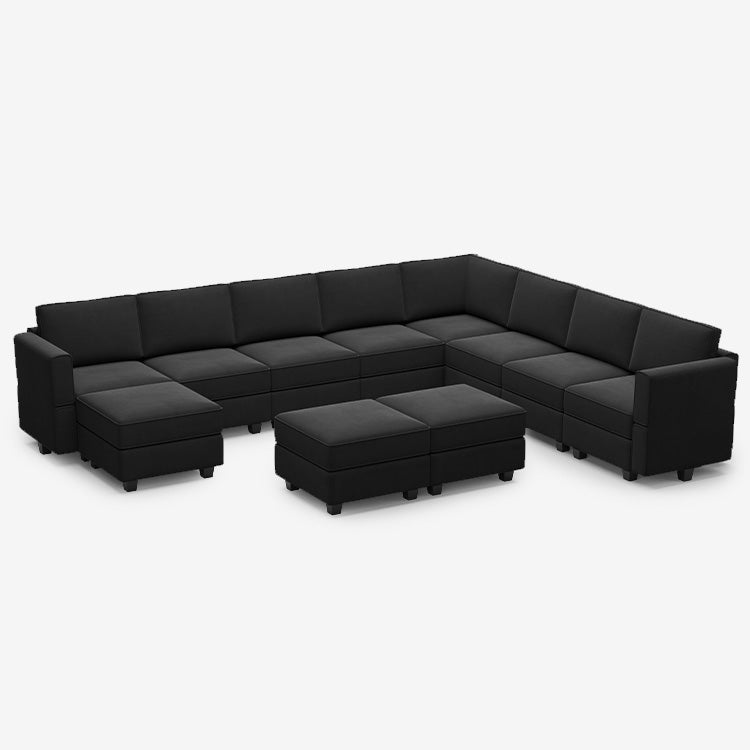 Canapé modulable en velours Belffin 9 places + 11 côtés avec siège de rangement et pouf