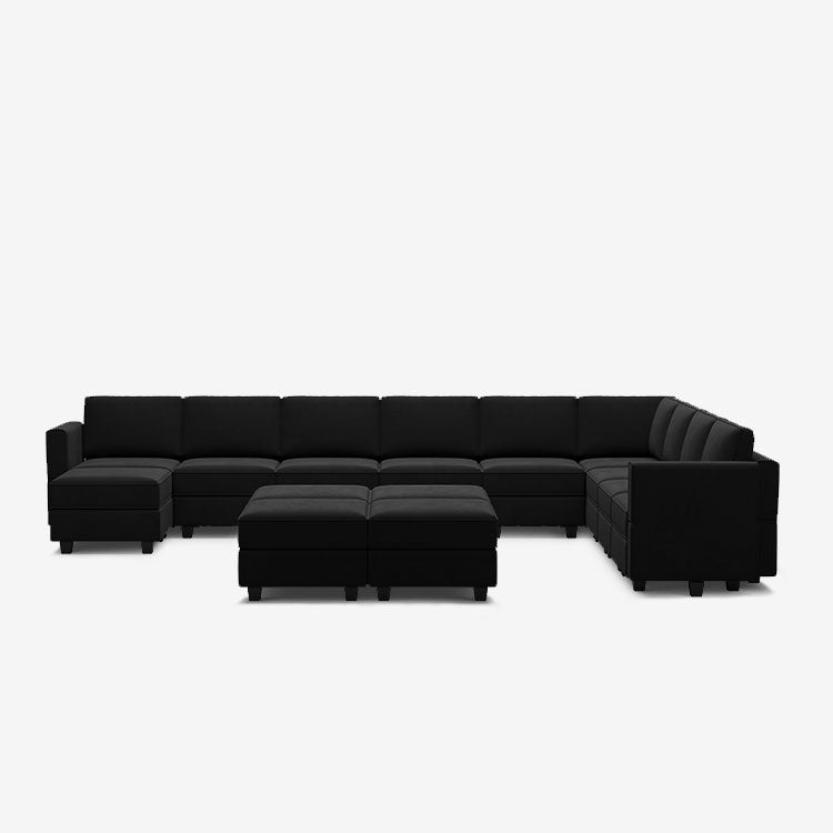 Canapé modulable en velours Belffin 10 places + 12 côtés avec siège de rangement et pouf
