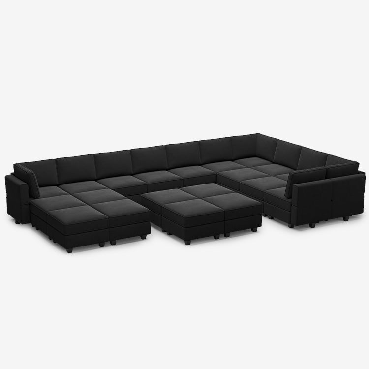 Canapé modulable en velours Belffin 17 places + 14 côtés avec siège de rangement et pouf