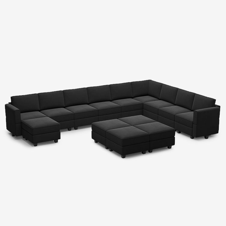 Canapé modulable en velours Belffin 10 places + 12 côtés avec siège de rangement et pouf