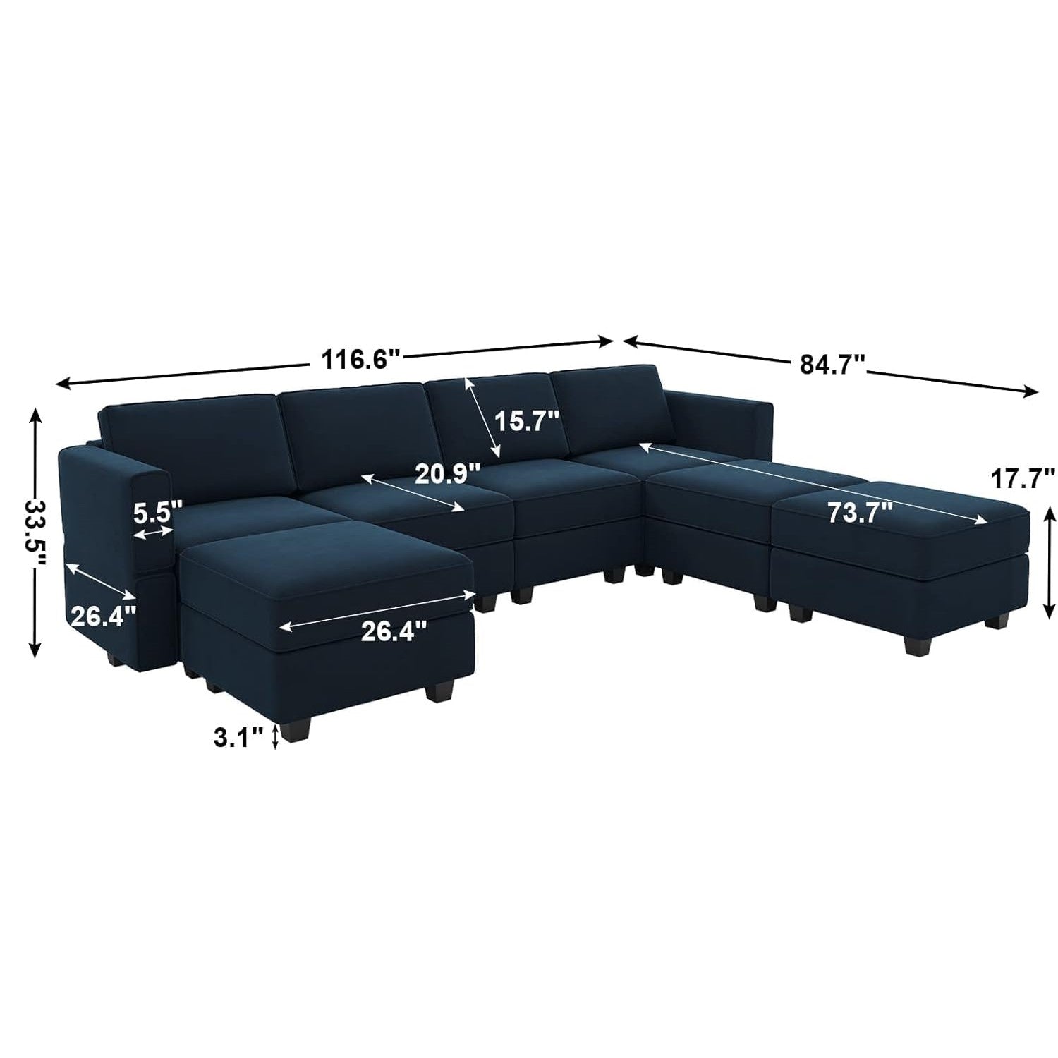 Canapé modulable en velours Belffin 7 places + 6 côtés avec siège de rangement