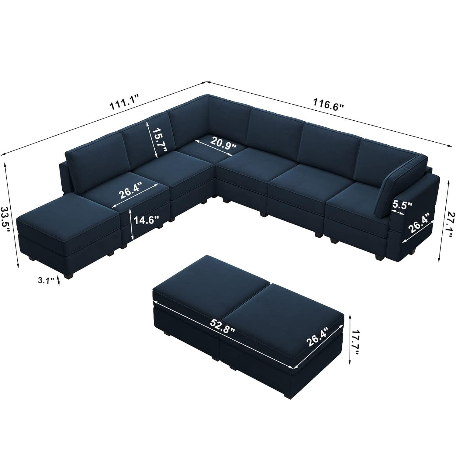 Belffin 7 Seats + 8 Sides Modular Velvet Corner Sofa with Storage Seat and Ottoman