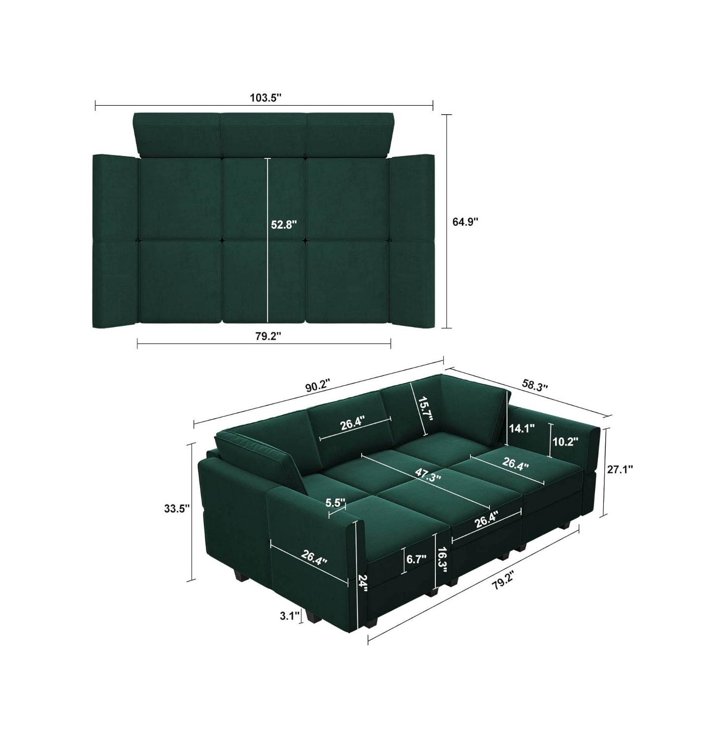 Belffin 6 Seats + 7 Sides Modular Velvet Sleeper Sofa with Storage Seat