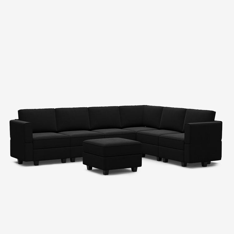 Canapé d'angle modulaire Belffin 6 places + 9 côtés en velours avec siège de rangement et pouf