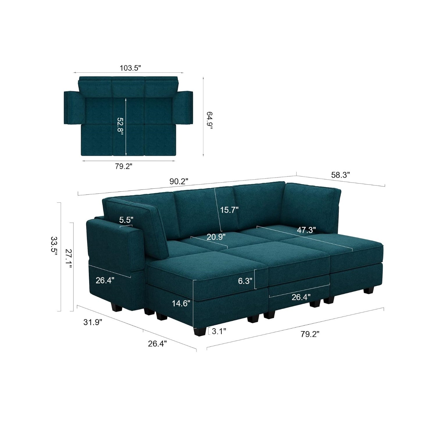 Belffin 6 Seats + 5 Sides Modular Terry Sleeper Sofa with Storage Seat