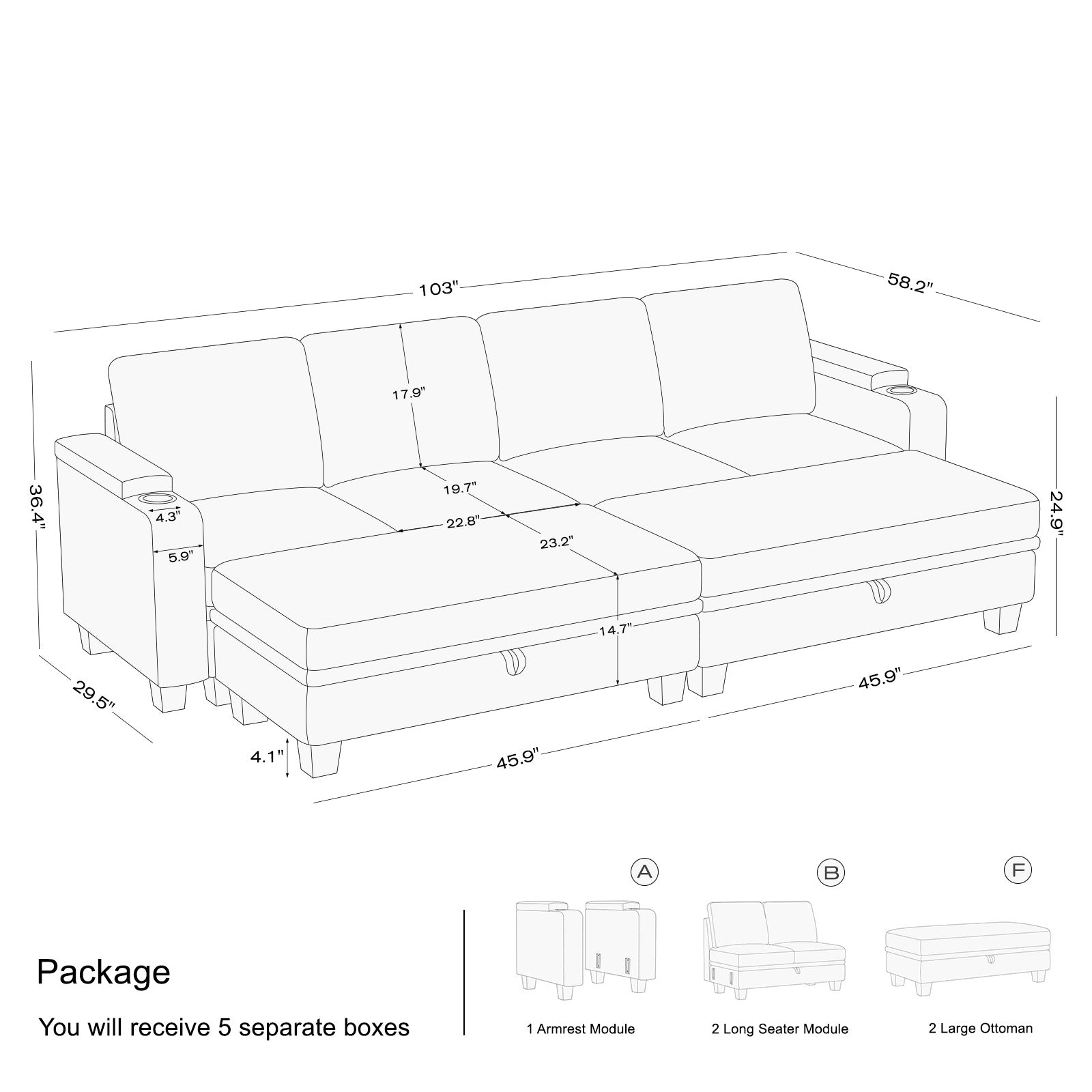 Belffin 4 Seater Modular Chenille Sleeper Sofa with Storage Ottoman