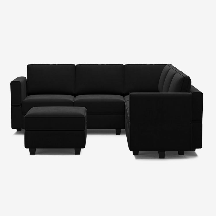 Canapé d'angle modulaire en velours Belffin 5 places + 8 côtés avec siège de rangement et pouf
