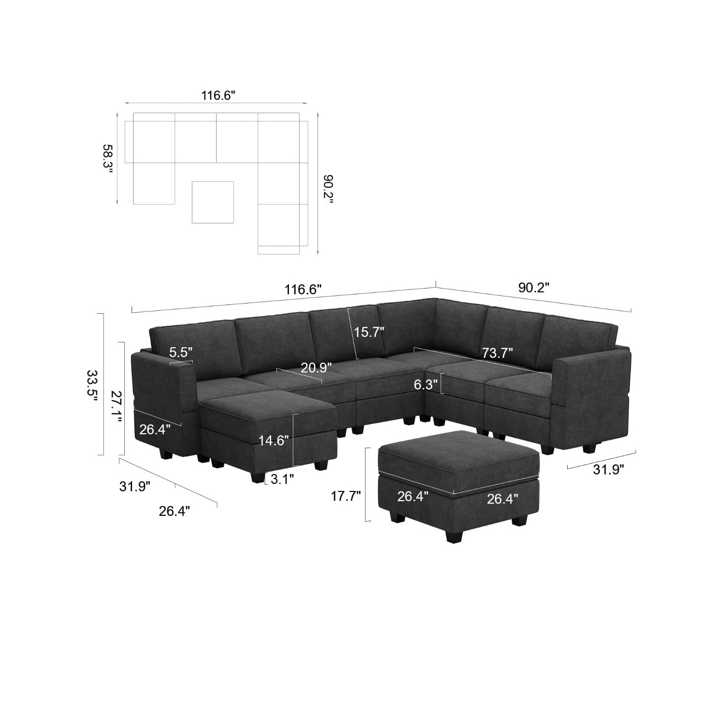 Belffin 7 Seats + 9 Sides Modular Terry Sofa with Storage Seat and Ottoman