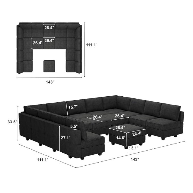 Belffin 14 Seats + 13 Sides  Modular Terry Sofa with Storage Seat and Ottoman