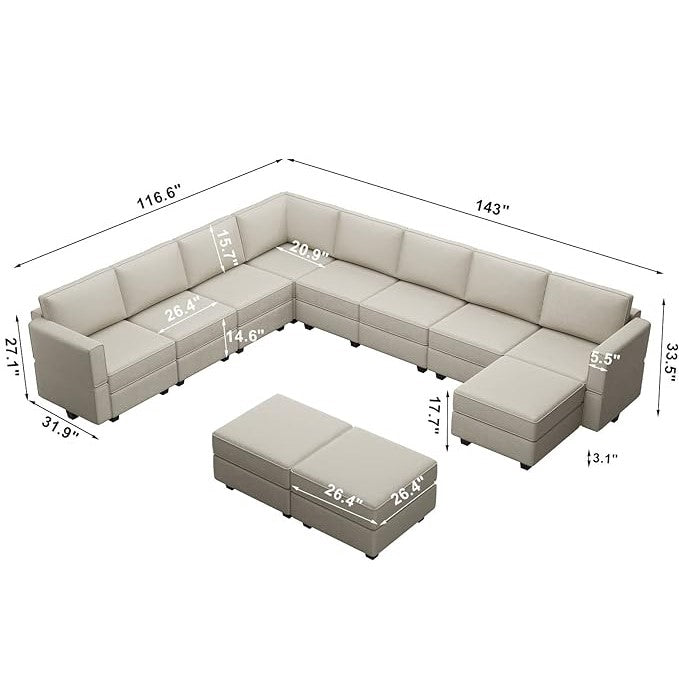 Belffin 9 Seats + 11 Sides Modular Velvet Sofa with Storage Seat and Ottoman