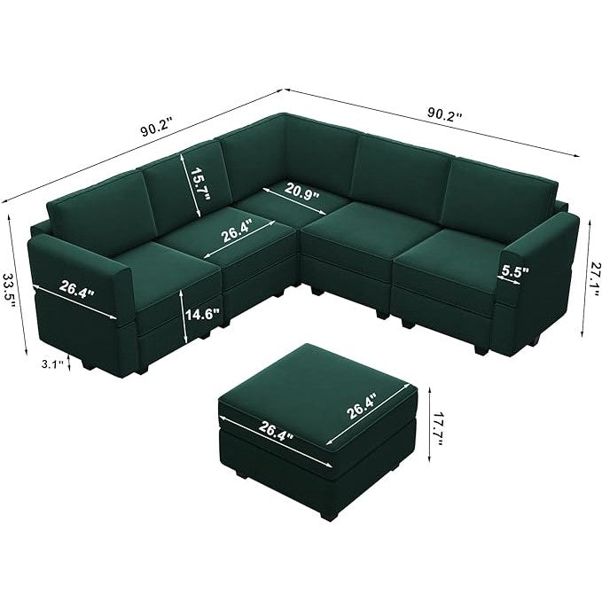 Canapé d'angle modulaire en velours Belffin 5 places + 8 côtés avec siège de rangement et pouf
