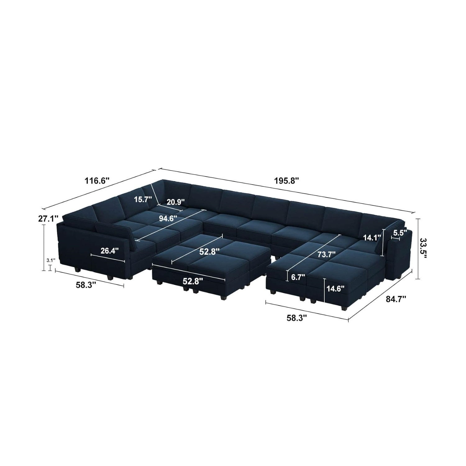 Belffin 17 Seats + 14 Sides Modular Velvet Sofa with Storage Seat and Ottoman