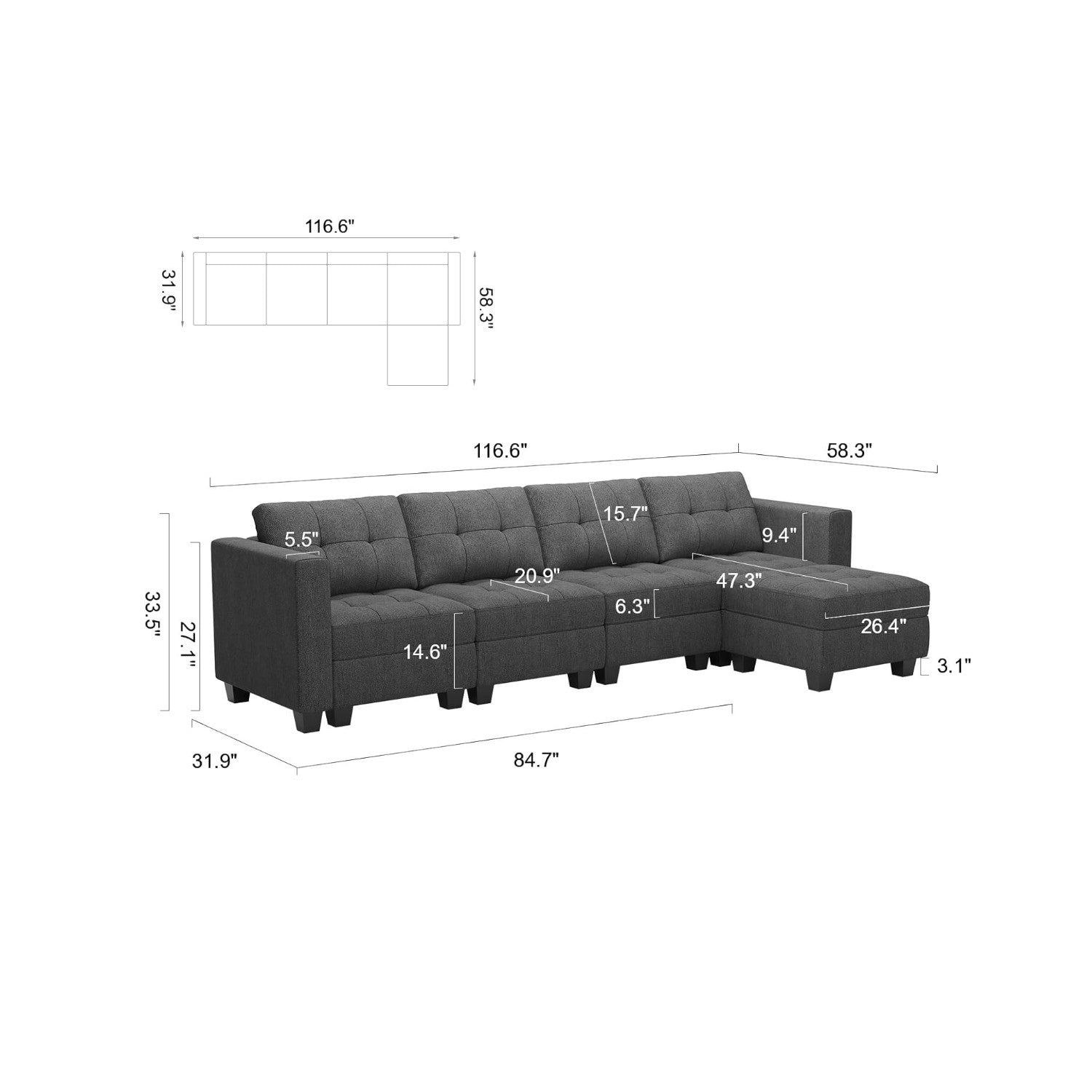 Canapé modulaire Belffin 5 places + 6 côtés avec siège de rangement