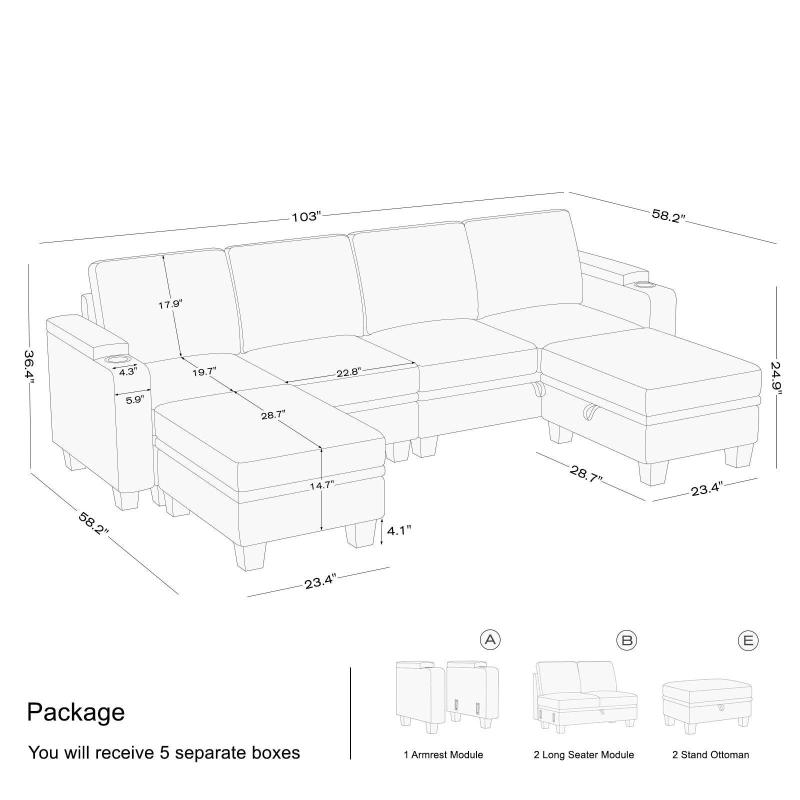 Canapé modulable 5 places en chenille Belffin