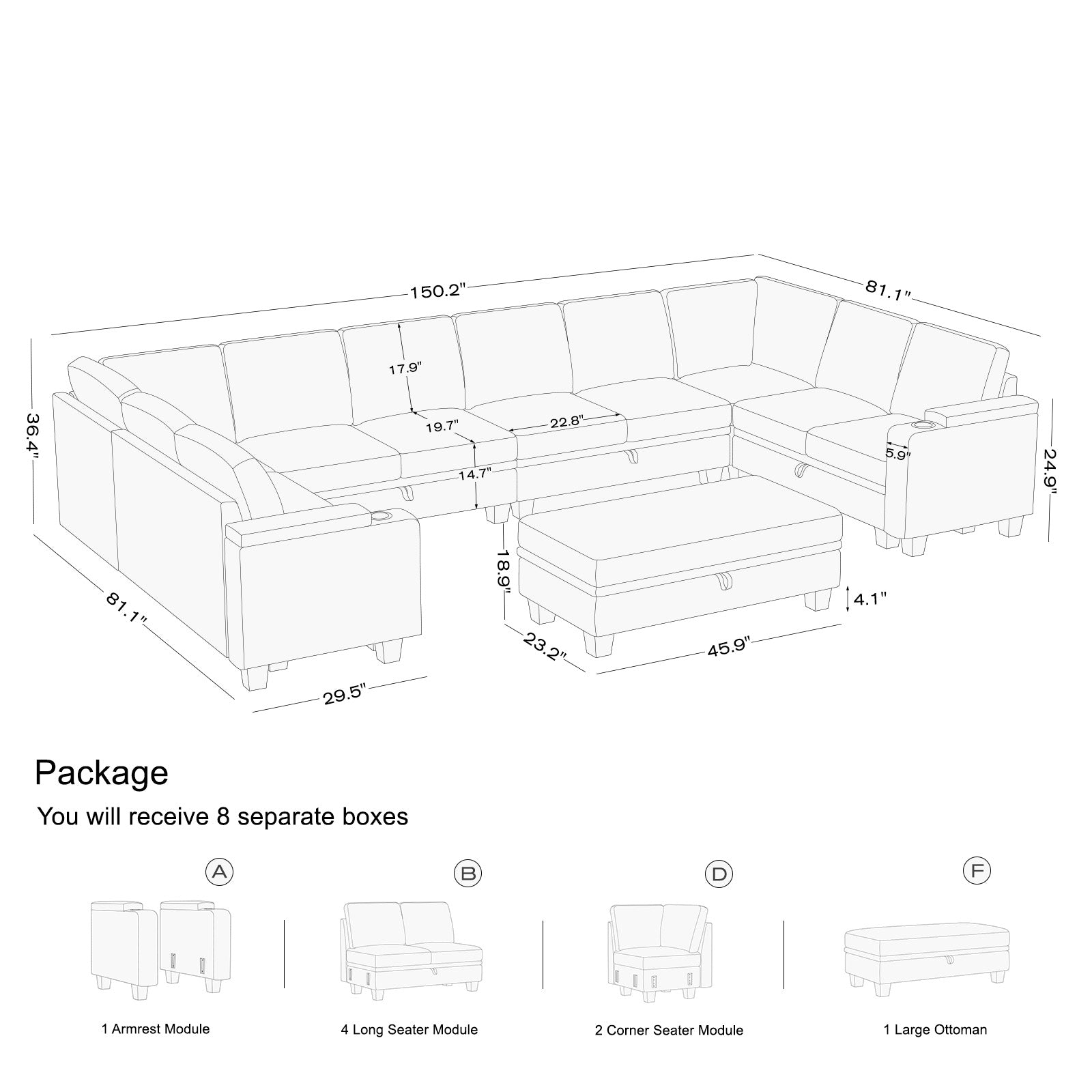 Canapé modulaire Belffin 10 places en chenille avec pouf de rangement